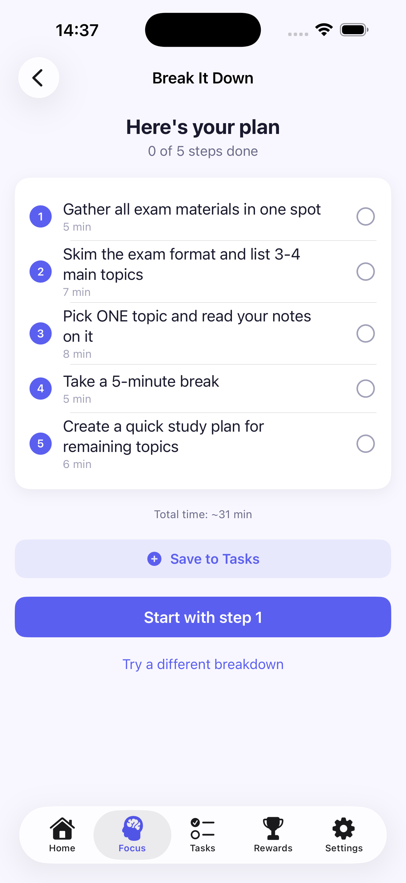 Task broken down into small steps