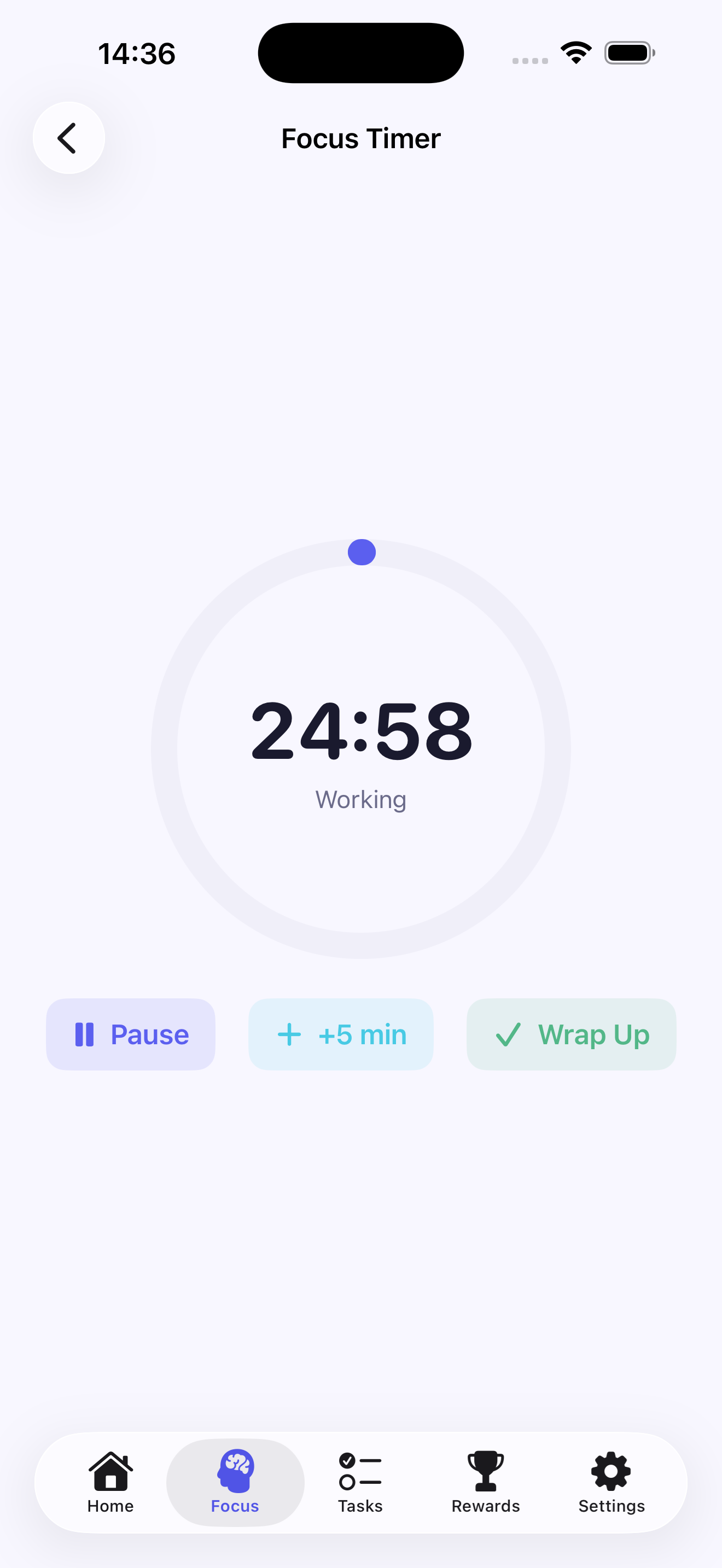 Focus timer running a 25-minute session